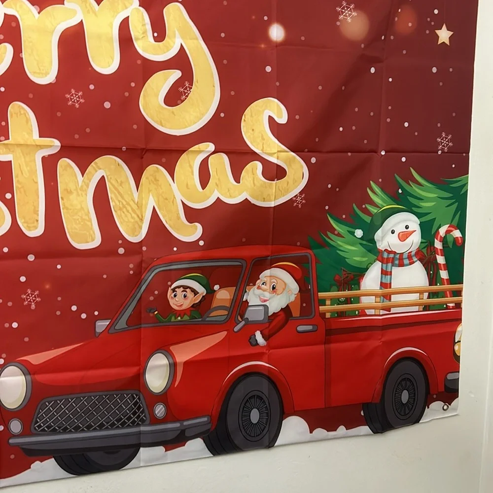 Merry Christmas background,4 ft.x 6ft. Santa,elves,showmen,red,gold,green